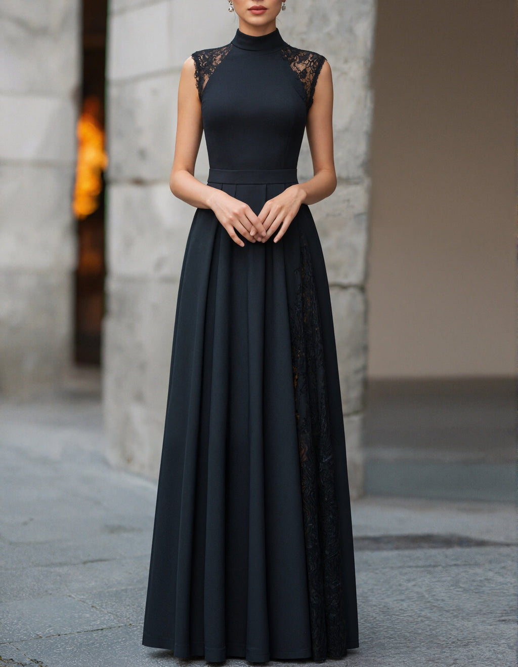 Black Lace Trimmed Turtleneck Maxi Dress
