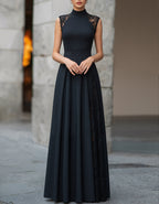 Black Lace Trimmed Turtleneck Maxi Dress