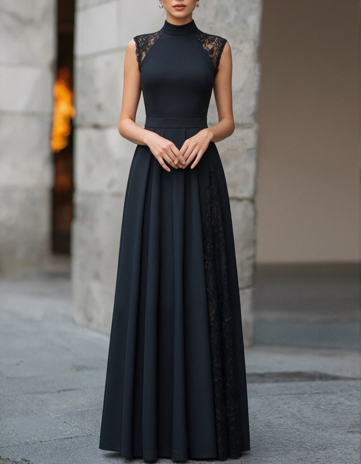 Black Lace Trimmed Turtleneck Maxi Dress