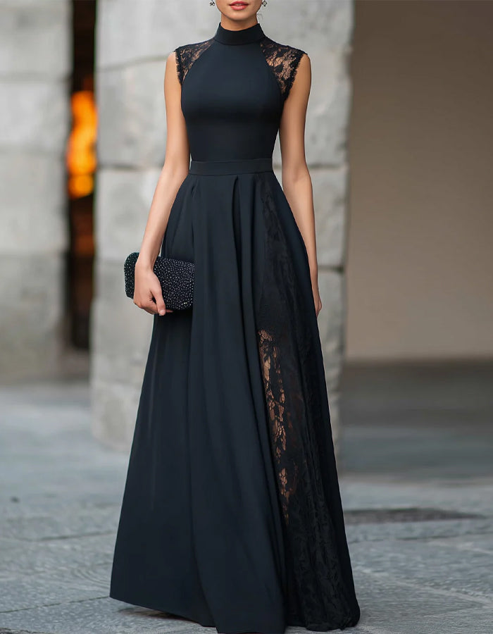 Black Lace Trimmed Turtleneck Maxi Dress