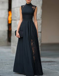Black Lace Trimmed Turtleneck Maxi Dress