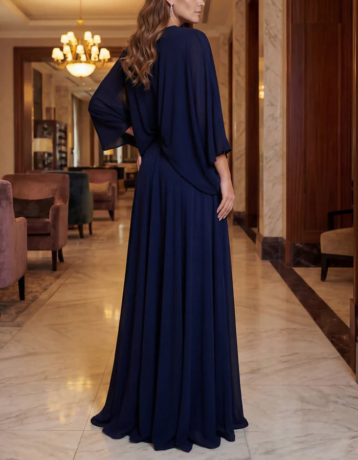 Solid Color Draped Batwing Sleeves With Slits Maxi Dress
