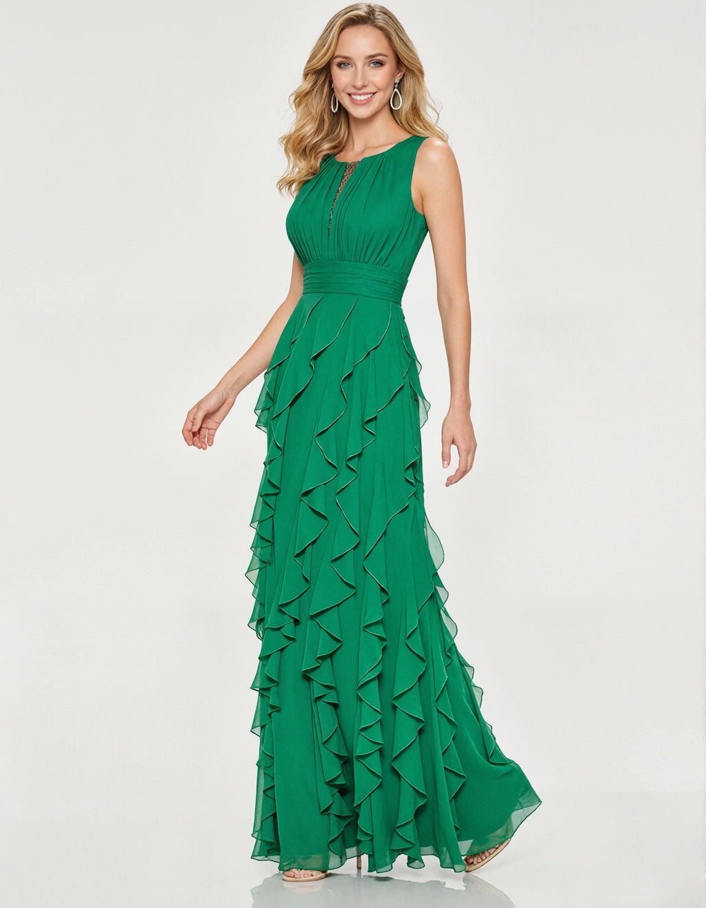 Solid Color Ruffled Chiffon Sleeveless Maxi Dress