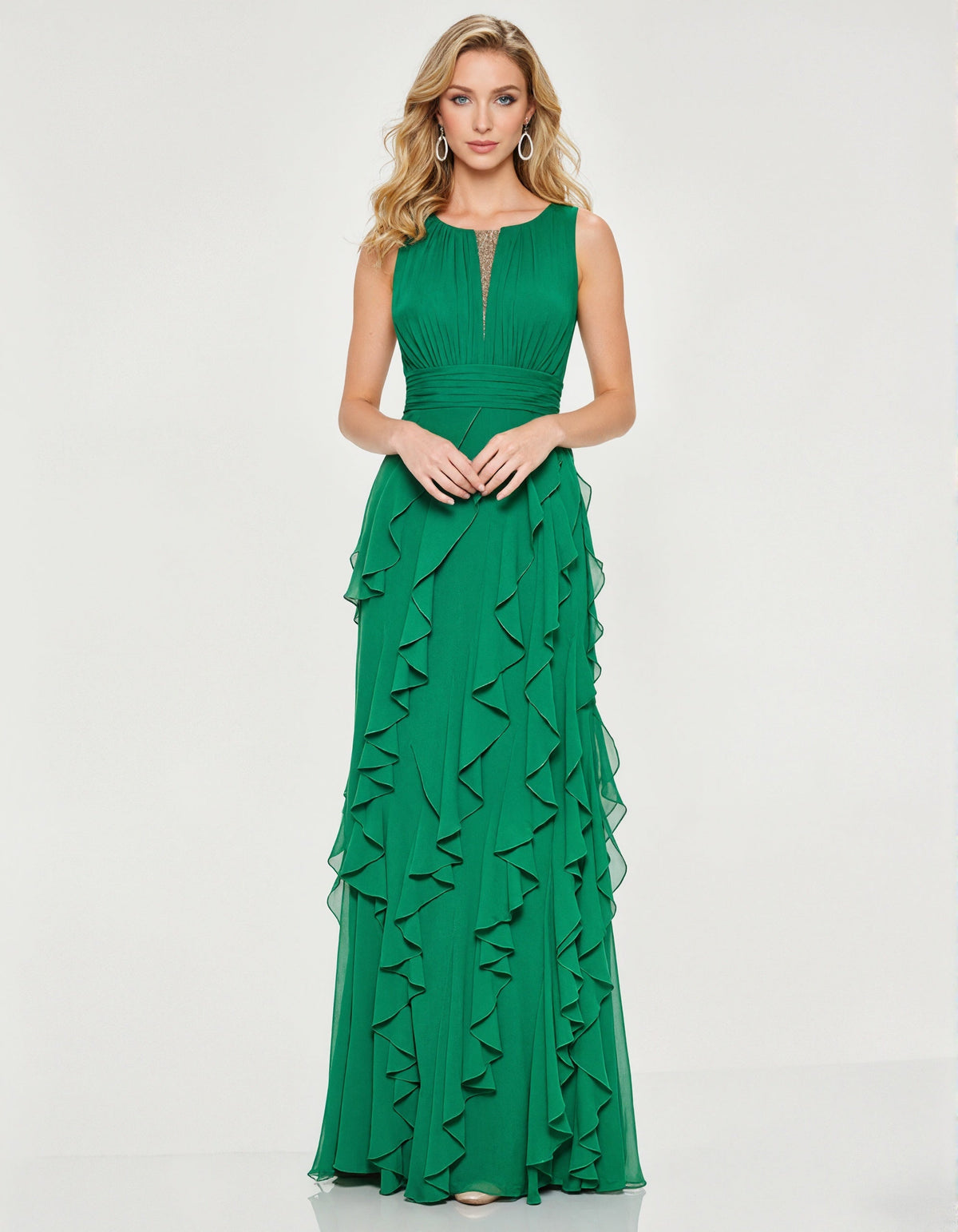 Solid Color Ruffled Chiffon Sleeveless Maxi Dress