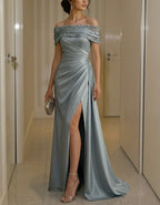 Solid Color Off Shoulder Satin Slit Maxi Dress