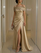 Solid Color Off Shoulder Satin Slit Maxi Dress