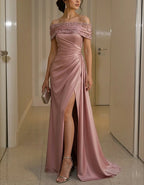 Solid Color Off Shoulder Satin Slit Maxi Dress