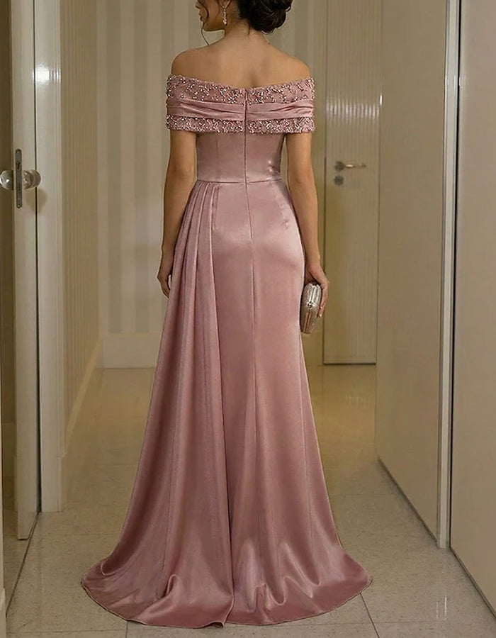 Solid Color Off Shoulder Satin Slit Maxi Dress
