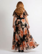 Black Floral Chiffon Ruffle Sleeves Maxi Dress