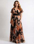 Black Floral Chiffon Ruffle Sleeves Maxi Dress