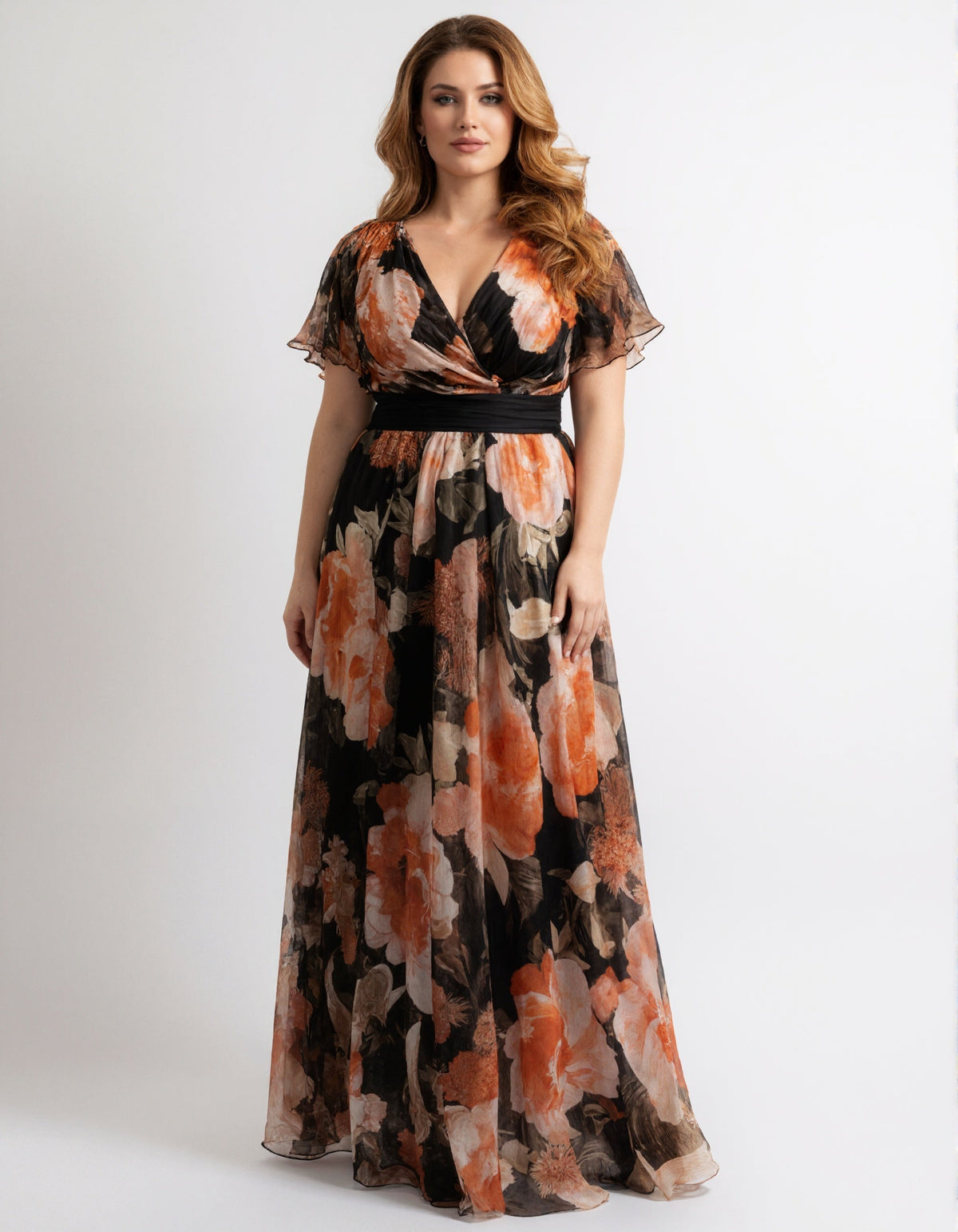 Black Floral Chiffon Ruffle Sleeves Maxi Dress