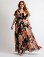 Black Floral Chiffon Ruffle Sleeves Maxi Dress