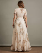 Beige Watercolor Floral Ruffle Sleeves Maxi Dress
