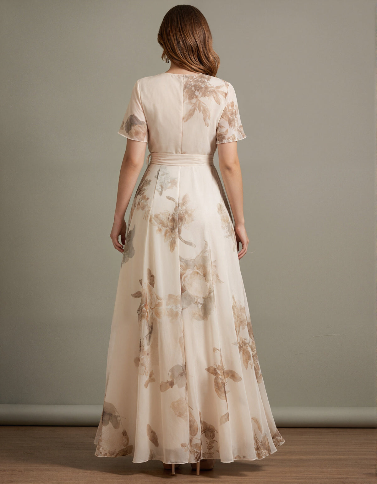 Beige Watercolor Floral Ruffle Sleeves Maxi Dress