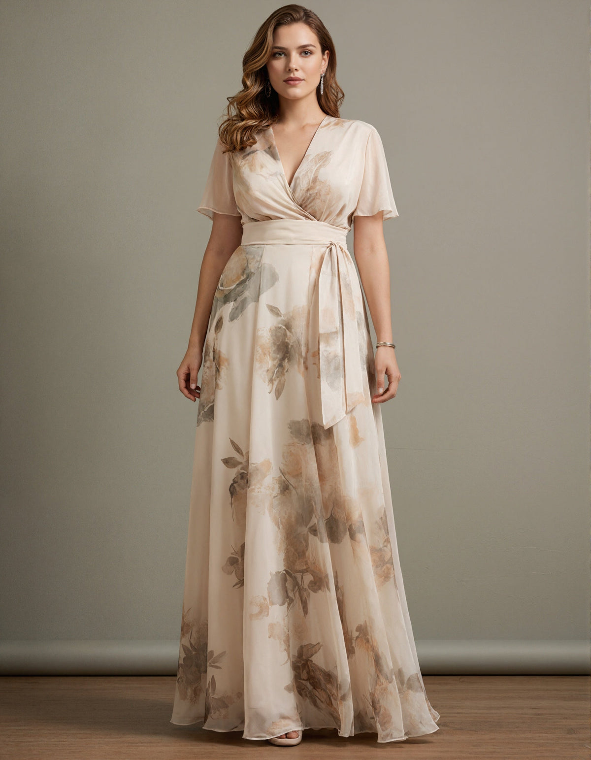 Beige Watercolor Floral Ruffle Sleeves Maxi Dress