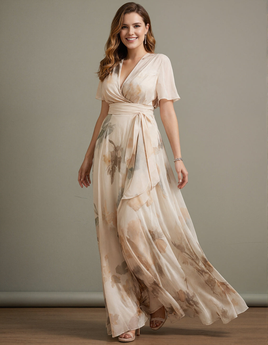 Beige Watercolor Floral Ruffle Sleeves Maxi Dress