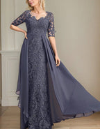 Blue Gray Lace Chiffon Maxi Dress