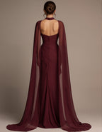 Burgundy High Neck Shawl Sleeve Chiffon Satin Maxi Dress