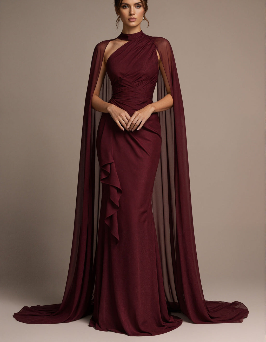 Burgundy High Neck Shawl Sleeve Chiffon Satin Maxi Dress