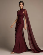 Burgundy High Neck Shawl Sleeve Chiffon Satin Maxi Dress