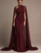 Burgundy High Neck Shawl Sleeve Chiffon Satin Maxi Dress