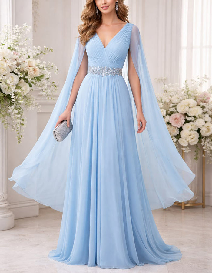 Himmelblaues Chiffon-Maxikleid mit Ärmeln, Schal und Pailletten an der Taille