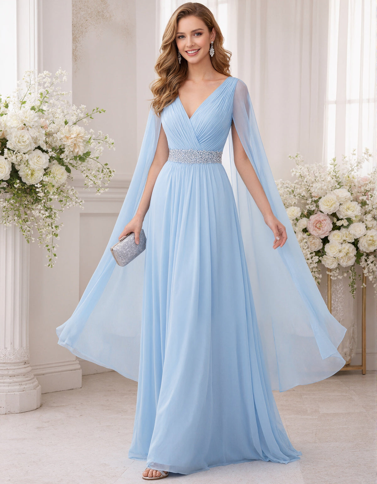 Himmelblaues Chiffon-Maxikleid mit Ärmeln, Schal und Pailletten an der Taille