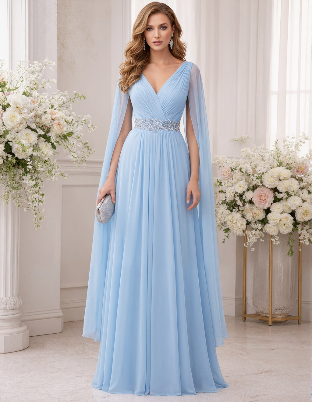Himmelblaues Chiffon-Maxikleid mit Ärmeln, Schal und Pailletten an der Taille