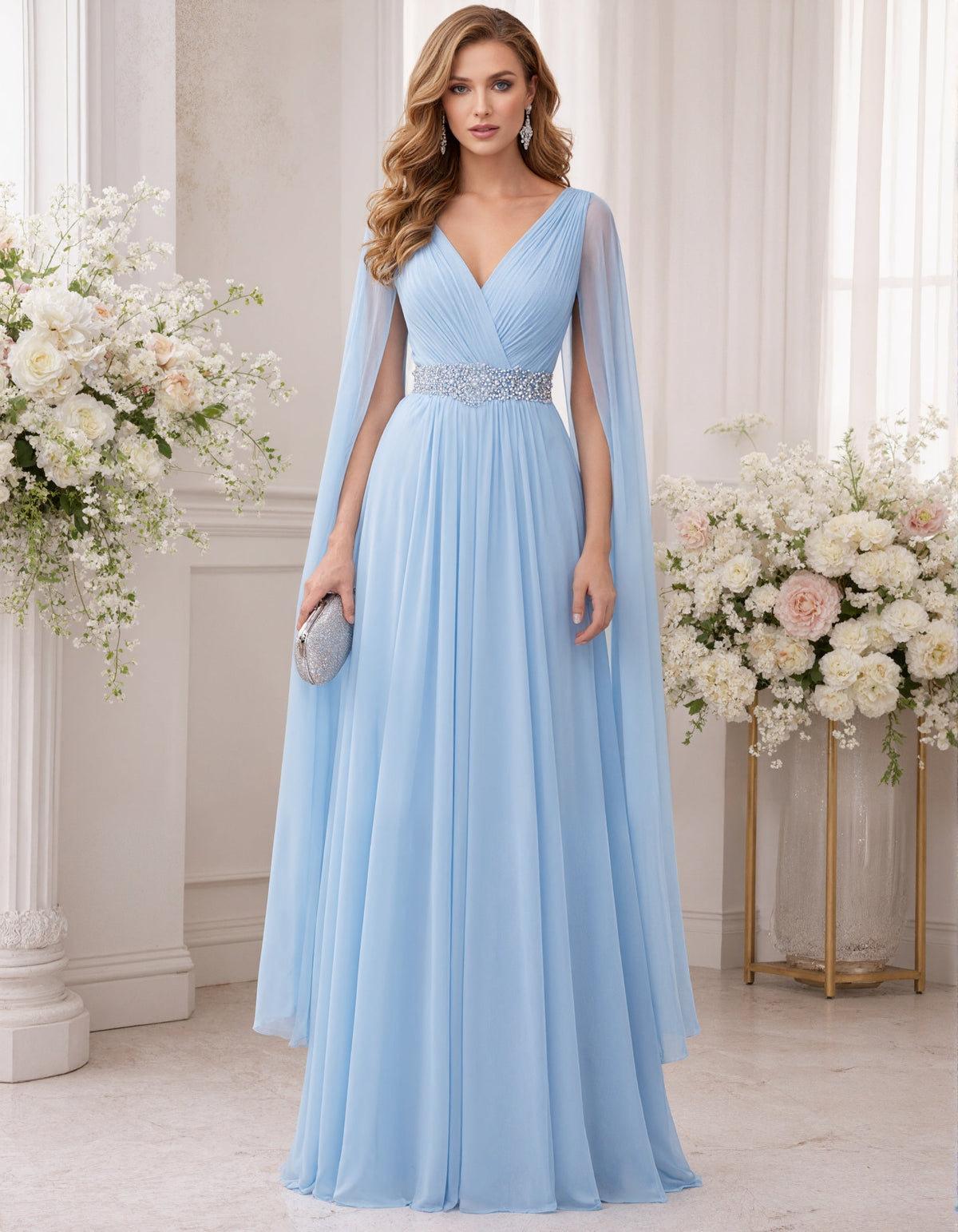 Himmelblaues Chiffon-Maxikleid mit Ärmeln, Schal und Pailletten an der Taille