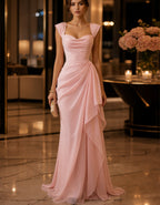 Pink Draped Chiffon Heart Shaped Neckline Maxi Dress