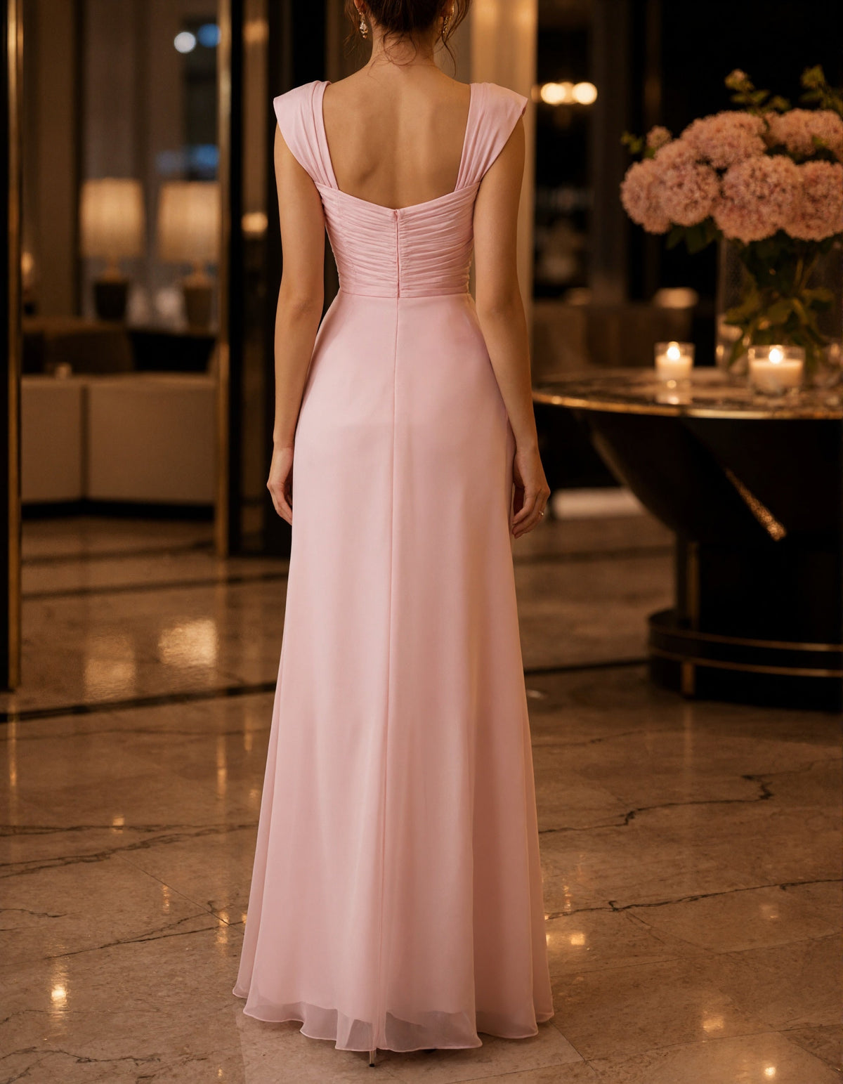 Pink Draped Chiffon Heart Shaped Neckline Maxi Dress