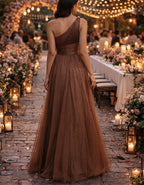 Brown One Shoulder High Slit Maxi Dress