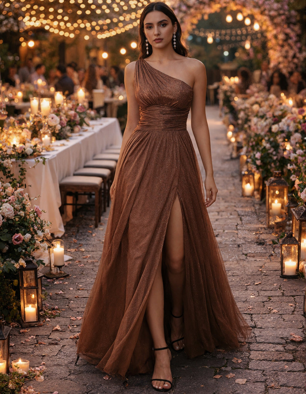 Brown One Shoulder High Slit Maxi Dress