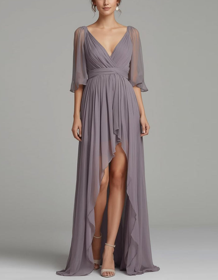 Abito lungo con scollo a V in chiffon viola grigiastro, maniche in tulle e orlo asimmetrico