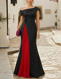 Black And Red Color Blocked One Shoulder Satin Maxi Dress