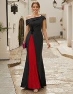 Black And Red Color Blocked One Shoulder Satin Maxi Dress