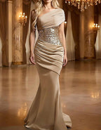 Solid Color Satin Sequined Asymmetrical One Shoulder Maxi Dress