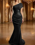 Solid Color Satin Sequined Asymmetrical One Shoulder Maxi Dress