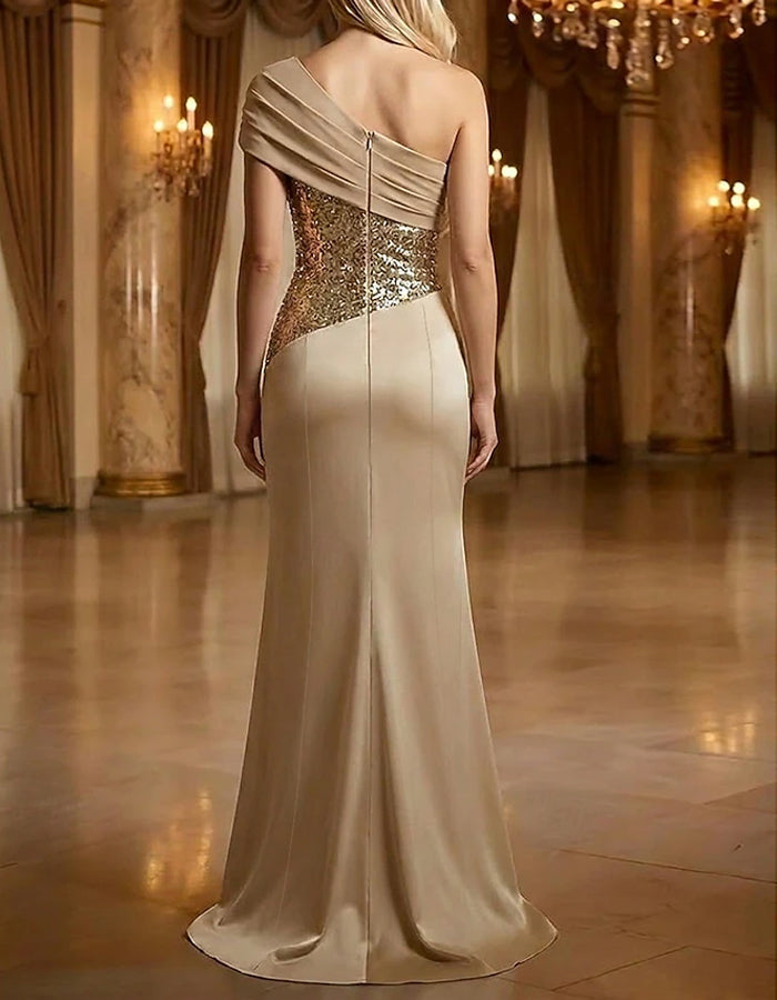 Solid Color Satin Sequined Asymmetrical One Shoulder Maxi Dress