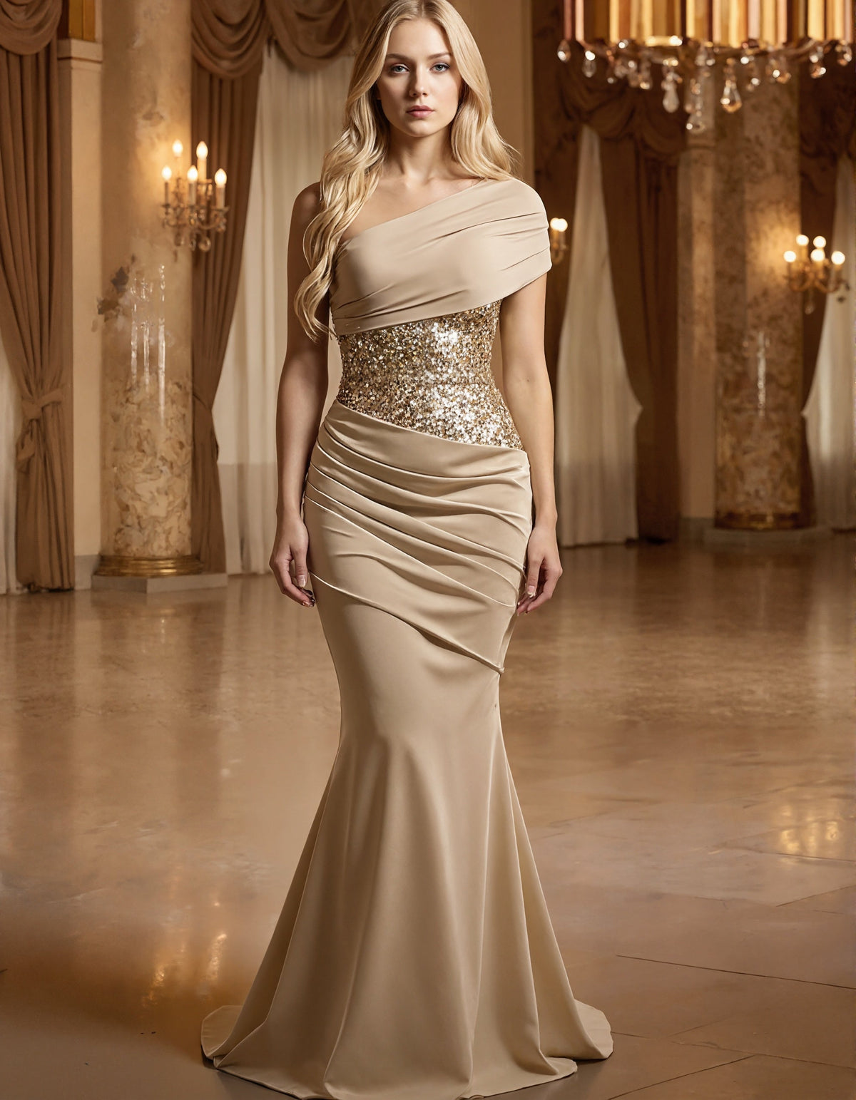 Solid Color Satin Sequined Asymmetrical One Shoulder Maxi Dress