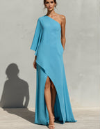 Blue Asymmetrical One Shoulder Drape Maxi Dress