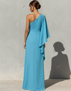 Blue Asymmetrical One Shoulder Drape Maxi Dress