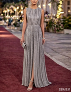 Silver Sequined Round Neck Sleeveless Maxi Dress