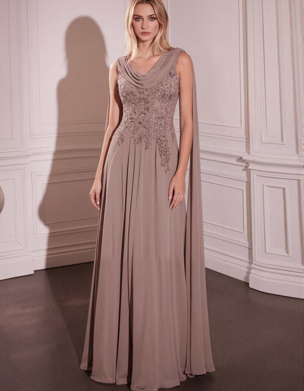 Light Brown Draped Neck Sequined Lace Chiffon Maxi Dress