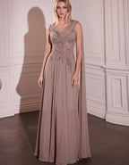 Light Brown Draped Neck Sequined Lace Chiffon Maxi Dress