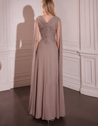 Light Brown Draped Neck Sequined Lace Chiffon Maxi Dress