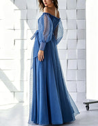 Blue Polka Dot Tulle Off Shoulder Design Maxi Dress