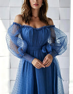 Blue Polka Dot Tulle Off Shoulder Design Maxi Dress