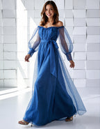 Blue Polka Dot Tulle Off Shoulder Design Maxi Dress