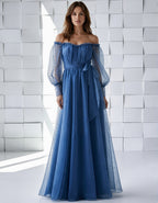 Blue Polka Dot Tulle Off Shoulder Design Maxi Dress